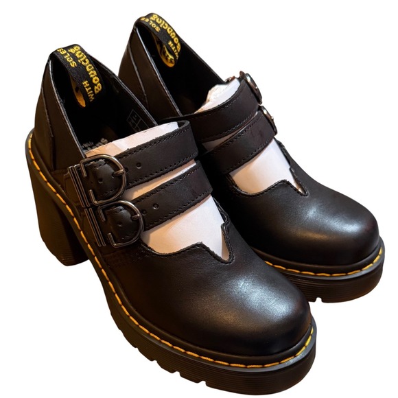 Dr. Martens Shoes - Dr. Martens Eviee Platform Heel Mary Janes Buckle Strap Black Leather US 6